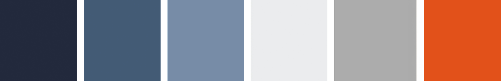 Cabinet Factory brand color palette built by DeWitt Studios: six swatches running dark navy, slate blue, light blue-gray, off-white, gray and orange.